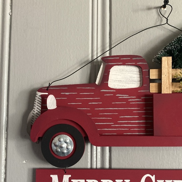 NWT- Red Farmtruck- Merry Christmas Wooden Decor Sign w/ Bottle Brush Trees 🌲 - Picture 3 of 17